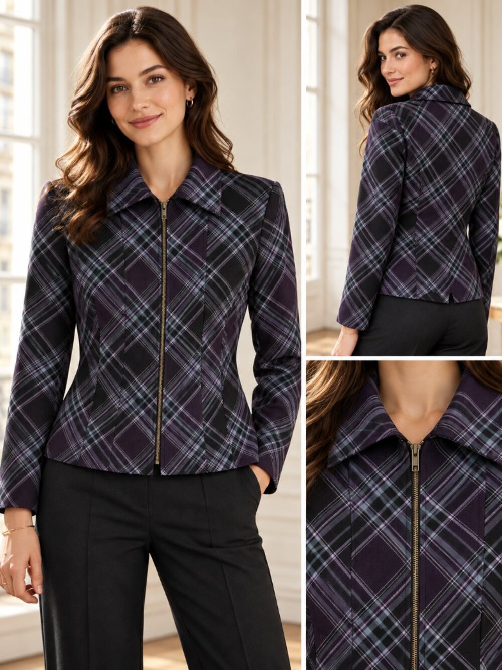 Laura Scott Medium Plaid Zip Front Blazer Black Purple Gray Blue